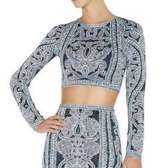 Herve Leger Mackenzie Intarsia Knit Jacquard Cropped Long Sleeve Top - Picture 1 of 16